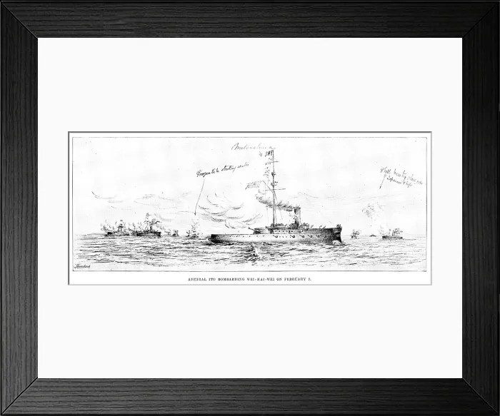 Framed Print : The War in Eastern Asia: Admiral Ito bombarding Wei-Hai-Wei on February 7, 1895. Creator: Unknown