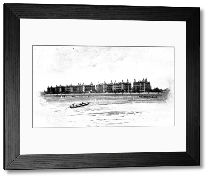 Framed Print : Views of St. Thomas's Hospital: the hospital from the river, 1895. Creator: George Meisenbach. Views of St. Thomas's Hospital: the hospital from the river, 1895 Framed Print : Views of St. Thomas's Hospital: the hospital from the river, 1895. Creator: George Meisenbach. Views of St. Thomas's Hospital: the hospital from the river, 1895