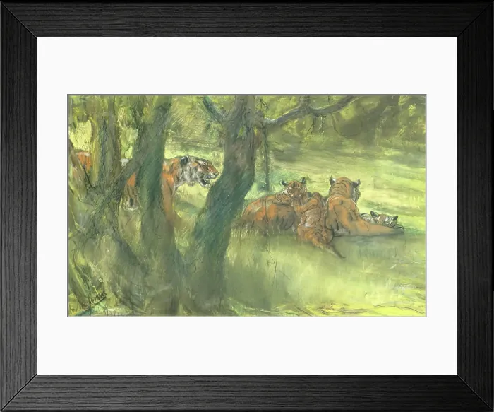 Framed Print : Landscape with Tiger and Cubs, 1900-1910. Creator: John MacAllan Swan Framed Print : Landscape with Tiger and Cubs, 1900-1910. Creator: John MacAllan Swan