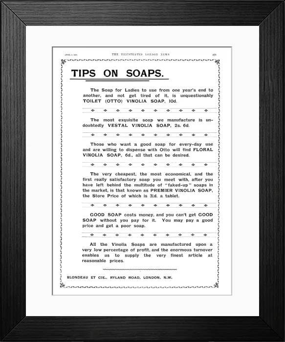 Framed Print : Advertisement for Vinolia Soap, 1895. Creator: Unknown Framed Print : Advertisement for Vinolia Soap, 1895. Creator: Unknown