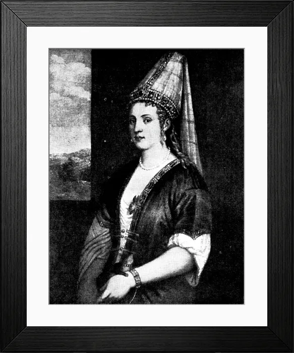 Framed Print : Venetian Art at the New Gallery: Portrait of Caterina Cornaro, Queen of Cyprus - by Titian, 1895. Creator: Unknown