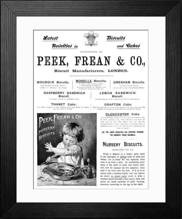 Framed Print : Advertisement for Peek, Freak & Co. biscuit manufacturers, 1895. Creator: Unknown Framed Print : Advertisement for Peek, Freak & Co. biscuit manufacturers, 1895. Creator: Unknown