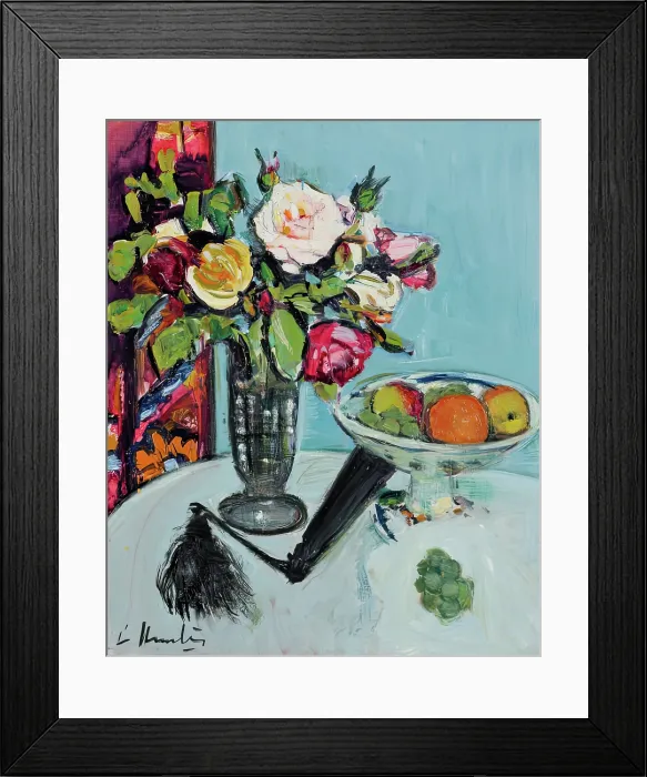 Framed Print : Still Life - Roses and a Black Fan, c1920s. Creator: George Leslie Hunter Framed Print : Still Life - Roses and a Black Fan, c1920s. Creator: George Leslie Hunter