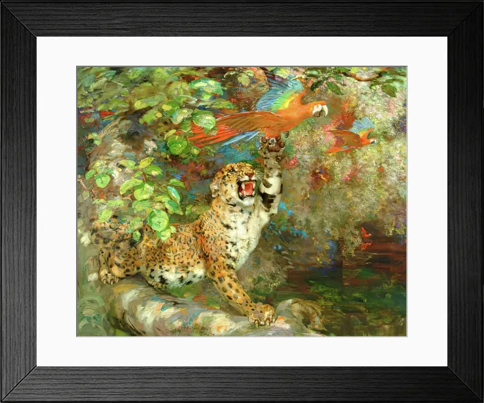 Framed Print : A Jaguar and Macaws (or Just Missed or On The Banks of The Orinoco), 1900-1924 Framed Print : A Jaguar and Macaws (or Just Missed or On The Banks of The Orinoco), 1900-1924