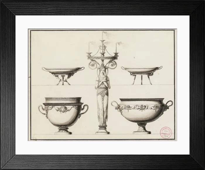 Framed Print : Design for a Candlestick in the Form of a Woman, Two Entree Cups... between 1785 and 1789. Creator: Jean Guillaume Moitte Framed Print : Design for a Candlestick in the Form of a Woman, Two Entree Cups... between 1785 and 1789. Creator: Jean Guillaume Moitte