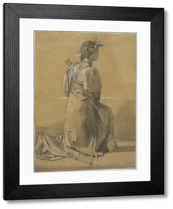Framed Print : Kneeling Female Figure with Mandolin and Crowned with a Laurel Wreath, between 1857 and 1859. Creator: Anselm Friedrich Feuerbach Framed Print : Kneeling Female Figure with Mandolin and Crowned with a Laurel Wreath, between 1857 and 1859. Creator: Anselm Friedrich Feuerbach