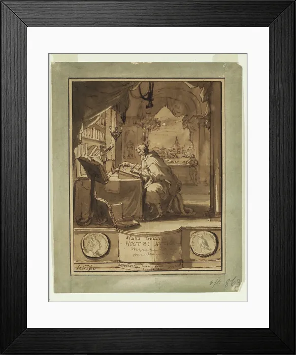 Framed Print : Aulus Gellius Finishing 'The Attic Nights', c1706. Creator: Jan Goeree Framed Print : Aulus Gellius Finishing 'The Attic Nights', c1706. Creator: Jan Goeree
