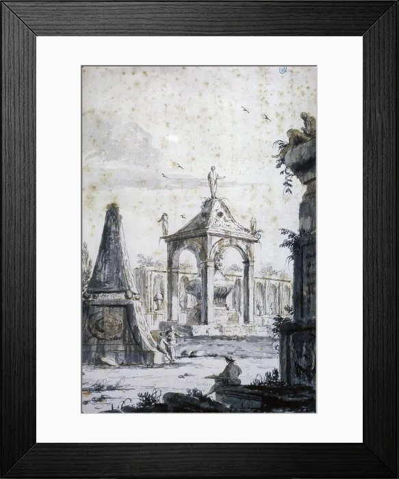 Framed Print : Architectural Capriccio of an Antique Cemetery with Three Tombs, between 1767 and 1772. Creator: Giovanni Francesco Costa Framed Print : Architectural Capriccio of an Antique Cemetery with Three Tombs, between 1767 and 1772. Creator: Giovanni Francesco Costa