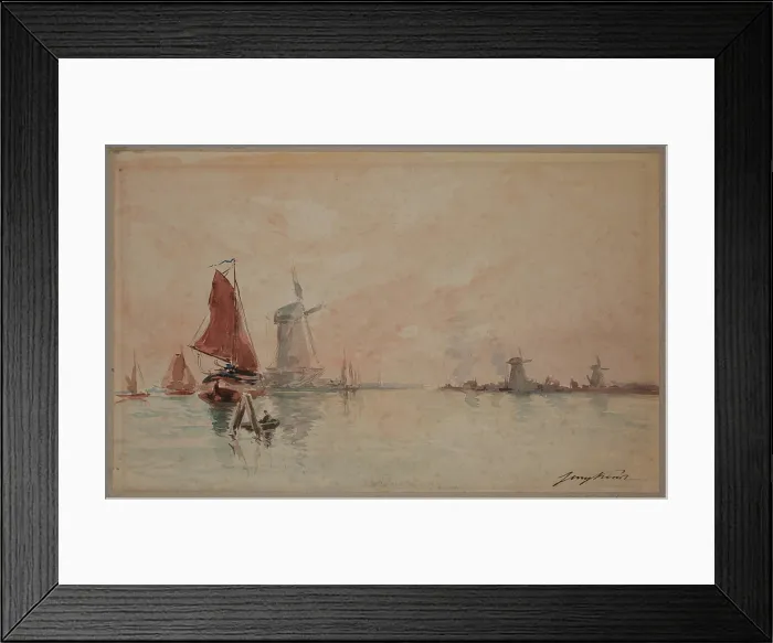 Framed Print : Boats on a Canal and Windmills near Dordrecht, c1920. Creator: School of Johan Barthold Jongkind Framed Print : Boats on a Canal and Windmills near Dordrecht, c1920. Creator: School of Johan Barthold Jongkind