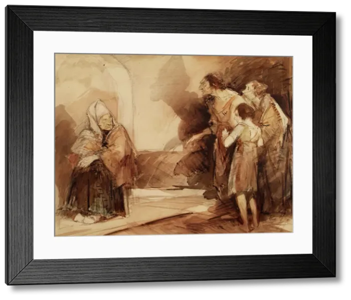 Framed Print : A Seated Woman with Figures in an Interior, c1850s. Creator: John Phillip Framed Print : A Seated Woman with Figures in an Interior, c1850s. Creator: John Phillip