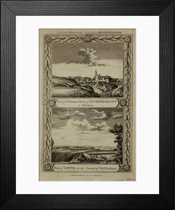 Framed Print : View of the Abbey and Town of Dunfermline and View of Leith. Creator: Alexander Hogg Framed Print : View of the Abbey and Town of Dunfermline and View of Leith. Creator: Alexander Hogg