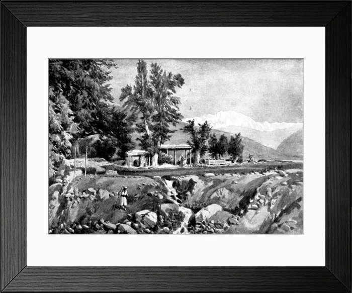 Framed Print : The Chitral Expedition: Musjid in the Serai, Chitral: the Mountain Trichmir in the distance, 1895. Creator: George Meisenbach Framed Print : The Chitral Expedition: Musjid in the Serai, Chitral: the Mountain Trichmir in the distance, 1895. Creator: George Meisenbach