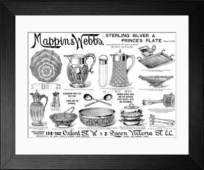 Framed Print : Advertisement for Mappin & Webb's Sterling Silver & Prince's Plate, 1895 Framed Print : Advertisement for Mappin & Webb's Sterling Silver & Prince's Plate, 1895