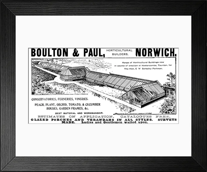 Framed Print : Advertisement for Boulton & Paul, horticultural builders, 1895. Creator: Unknown Framed Print : Advertisement for Boulton & Paul, horticultural builders, 1895. Creator: Unknown