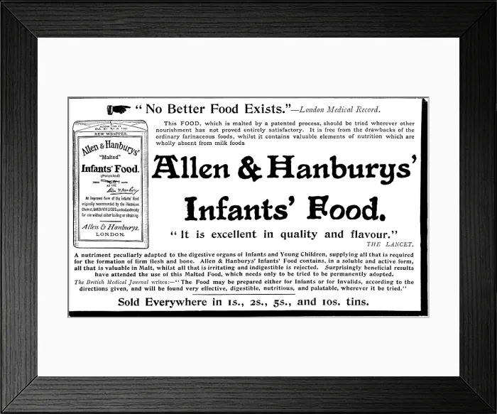 Framed Print : Advertisement for Allen Hanburys Infants Food, 1895. Creator: Unknown. Advertisement for Allen Hanburys Infants Food, 1895. Creator: Unknown Framed Print : Advertisement for Allen Hanburys Infants Food, 1895. Creator: Unknown. Advertisement for Allen Hanburys Infants Food, 1895. Creator: Unknown