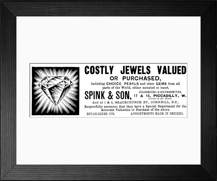Framed Print : Advertisement for Spink & Son, goldsmiths & silversmiths, 1895. Creator: Unknown Framed Print : Advertisement for Spink & Son, goldsmiths & silversmiths, 1895. Creator: Unknown