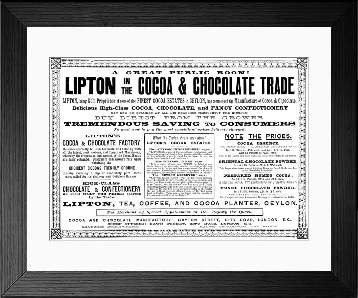 Framed Print : Advertisement for Lipton's Cocoa & Chocolate, 1895. Creator: Unknown. Advertisement for Lipton's Cocoa & Chocolate, 1895. Creator: Unknown Framed Print : Advertisement for Lipton's Cocoa & Chocolate, 1895. Creator: Unknown. Advertisement for Lipton's Cocoa & Chocolate, 1895. Creator: Unknown