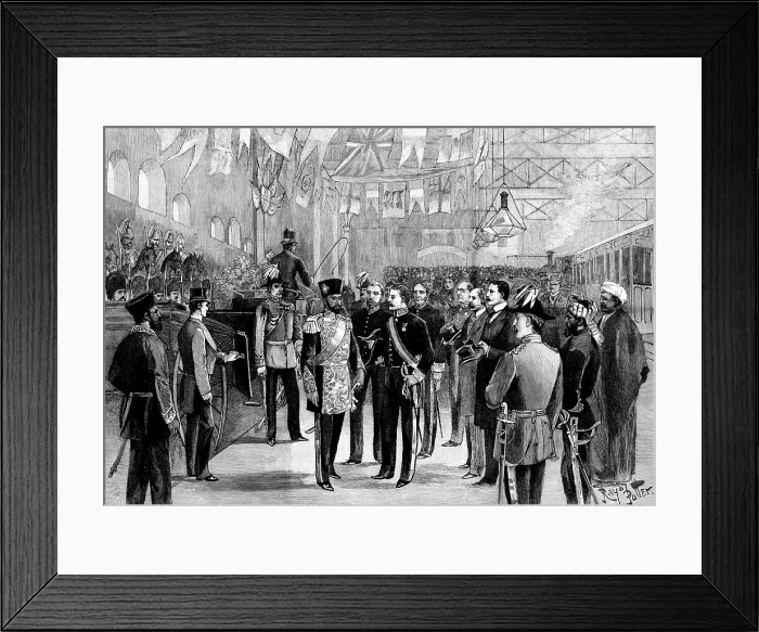 Framed Print : Arrival of the Ameer's son in London: the scene at Victoria Station, 1895. Creator: P Naumann. Arrival of the Ameer's son in London: the scene at Victoria Station, 1895 Framed Print : Arrival of the Ameer's son in London: the scene at Victoria Station, 1895. Creator: P Naumann. Arrival of the Ameer's son in London: the scene at Victoria Station, 1895
