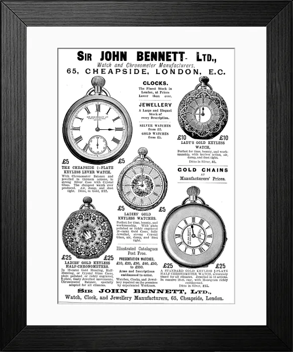 Framed Print : Advertisement for Sir John Bennett Ltd. Watch and Chronometer Manufacturers, 1895. Creator: Unknown Framed Print : Advertisement for Sir John Bennett Ltd. Watch and Chronometer Manufacturers, 1895. Creator: Unknown