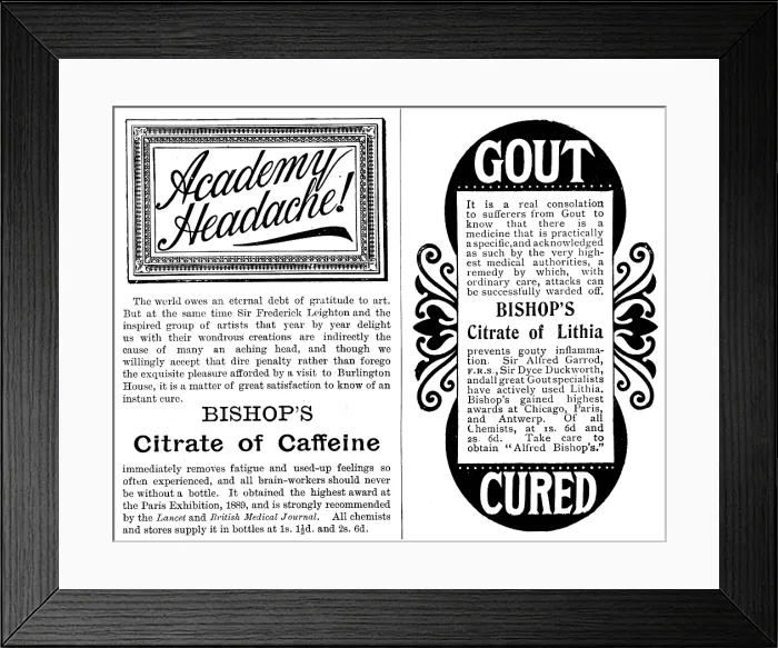 Framed Print : Advertisement for Bishop's Citrate of Caffeine and Citrate of Lithia, 1895. Creator: Unknown. Advertisement for Bishop's Citrate of Caffeine and Citrate of Lithia, 1895 Framed Print : Advertisement for Bishop's Citrate of Caffeine and Citrate of Lithia, 1895. Creator: Unknown. Advertisement for Bishop's Citrate of Caffeine and Citrate of Lithia, 1895