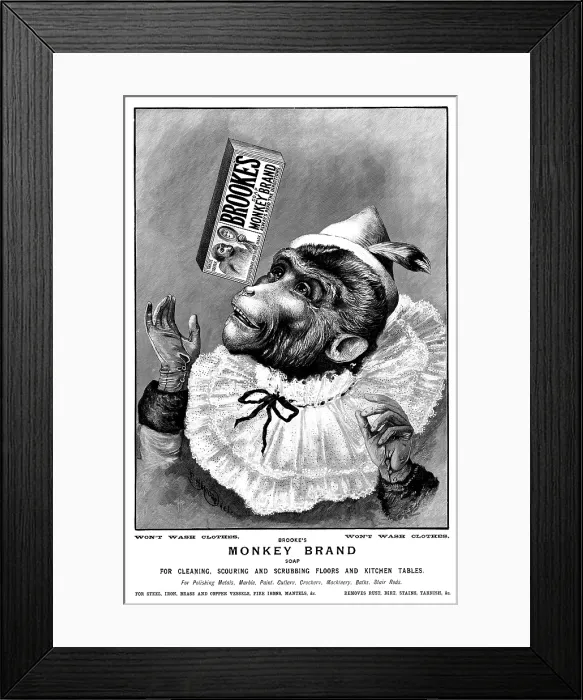 Framed Print : Advertisement for Brooke's Monkey Brand Soap, 1895. Creator: Unknown. Advertisement for Brooke's Monkey Brand Soap, 1895. Creator: Unknown Framed Print : Advertisement for Brooke's Monkey Brand Soap, 1895. Creator: Unknown. Advertisement for Brooke's Monkey Brand Soap, 1895. Creator: Unknown