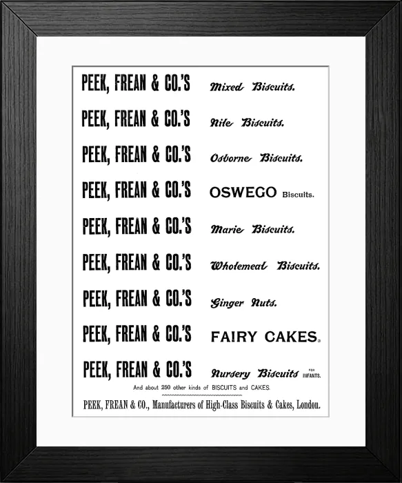 Framed Print : Advertisement for Peek, Frean & Co.'s Biscuits, 1895. Creator: Unknown. Advertisement for Peek, Frean & Co.'s Biscuits, 1895. Creator: Unknown Framed Print : Advertisement for Peek, Frean & Co.'s Biscuits, 1895. Creator: Unknown. Advertisement for Peek, Frean & Co.'s Biscuits, 1895. Creator: Unknown