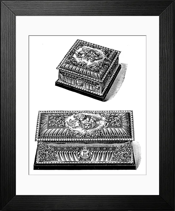 Framed Print : Silver gilt caskets for the toilet-table presented to the Duchess of York by Mr. Walter Mappin, 1895 Creator: Unknown Framed Print : Silver gilt caskets for the toilet-table presented to the Duchess of York by Mr. Walter Mappin, 1895 Creator: Unknown