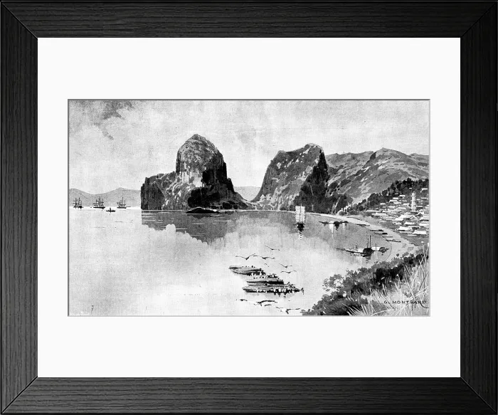Framed Print : Sketches in Formosa: bay on the north side of Keeling, with fleet at anchor off the town, 1895. Creator: Unknown Framed Print : Sketches in Formosa: bay on the north side of Keeling, with fleet at anchor off the town, 1895. Creator: Unknown