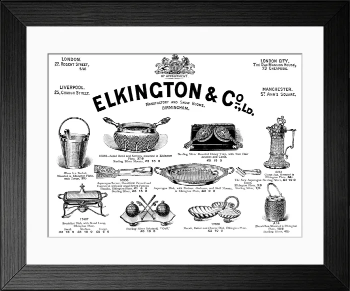 Framed Print : Advertisement for Elkington & Co. Ltd. manufactory and show rooms, 1895. Creator: Unknown Framed Print : Advertisement for Elkington & Co. Ltd. manufactory and show rooms, 1895. Creator: Unknown