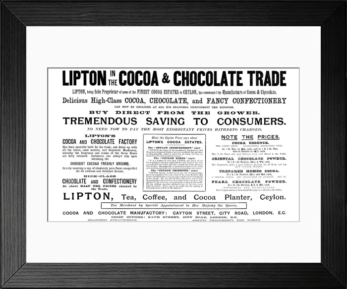 Framed Print : Advertisement for Lipton's tea, coffee and cocoa, 1895. Creator: Unknown. Advertisement for Lipton's tea, coffee and cocoa, 1895. Creator: Unknown Framed Print : Advertisement for Lipton's tea, coffee and cocoa, 1895. Creator: Unknown. Advertisement for Lipton's tea, coffee and cocoa, 1895. Creator: Unknown