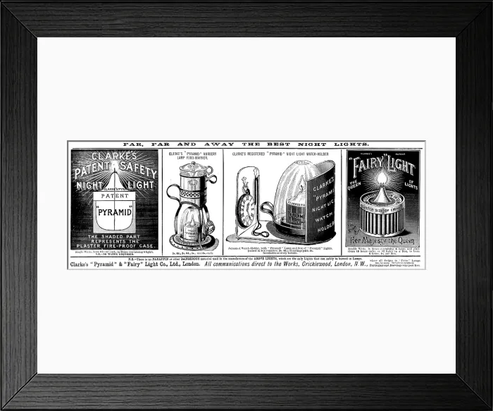 Framed Print : Advertisement for Clarke's 'Pyramid' & 'Fairy' Light Co. Ltd. 1895 Framed Print : Advertisement for Clarke's 'Pyramid' & 'Fairy' Light Co. Ltd. 1895