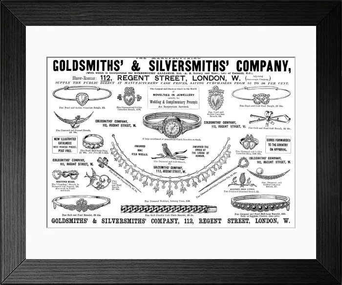 Framed Print : Advertisement for the Goldsmiths & Silversmiths Company, 1895. Creator: Unknown. Advertisement for the Goldsmiths & Silversmiths Company, 1895 Framed Print : Advertisement for the Goldsmiths & Silversmiths Company, 1895. Creator: Unknown. Advertisement for the Goldsmiths & Silversmiths Company, 1895