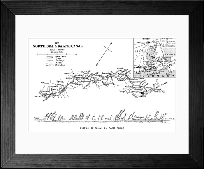 Framed Print : The Opening of the Baltic Canal: map and section of the canal, 1895. Creator: George Philip & Son Ltd Framed Print : The Opening of the Baltic Canal: map and section of the canal, 1895. Creator: George Philip & Son Ltd