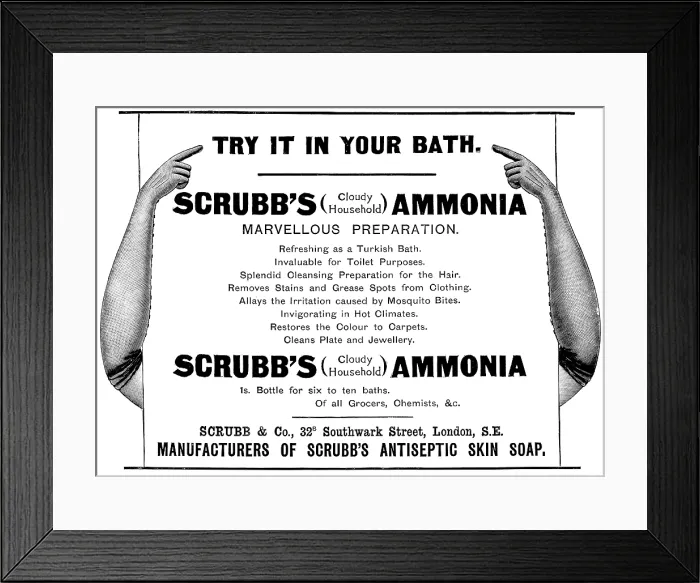 Framed Print : Advertisement for Scrubb's (Cloudy Household) Ammonia, 1895. Creator: Unknown. Advertisement for Scrubb's (Cloudy Household) Ammonia, 1895. Creator: Unknown Framed Print : Advertisement for Scrubb's (Cloudy Household) Ammonia, 1895. Creator: Unknown. Advertisement for Scrubb's (Cloudy Household) Ammonia, 1895. Creator: Unknown