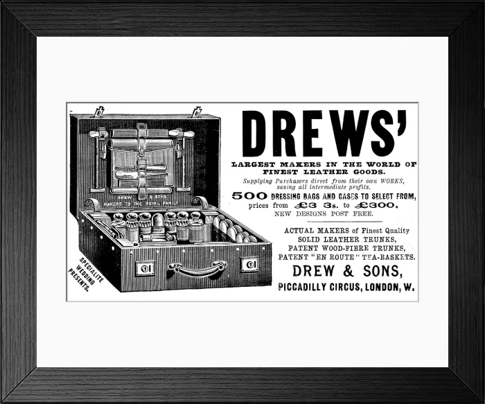 Framed Print : Advertisement for Drews leather goods, 1895. Creator: Unknown. Advertisement for Drews leather goods, 1895. Creator: Unknown Framed Print : Advertisement for Drews leather goods, 1895. Creator: Unknown. Advertisement for Drews leather goods, 1895. Creator: Unknown