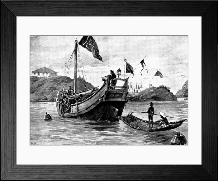 Framed Print : Sketches in Formosa: 'Black Flag' soldiers laying down mines at the entrance to Takow Harbour, 1895. Creator: George Meisenbach Framed Print : Sketches in Formosa: 'Black Flag' soldiers laying down mines at the entrance to Takow Harbour, 1895. Creator: George Meisenbach
