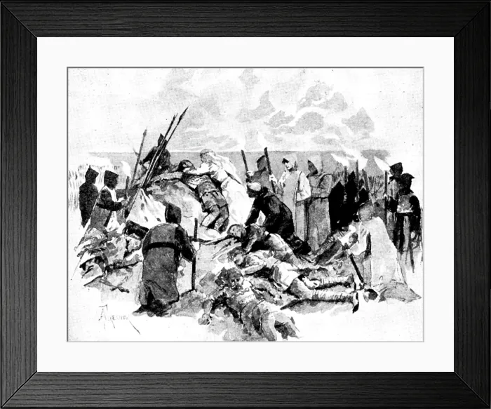 Framed Print : Mr. Cowen's new opera, 'Harold': the discovery of Harold's body on the battlefield of Hastings, 1895 Creator: George Meisenbach. Mr Framed Print : Mr. Cowen's new opera, 'Harold': the discovery of Harold's body on the battlefield of Hastings, 1895 Creator: George Meisenbach. Mr