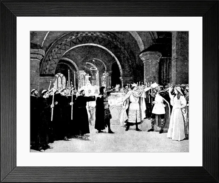 Framed Print : Mr. Cowen's new opera, 'Harold': Harold swearing on the bones of a saint... 1895. Creator: George Meisenbach. Mr Framed Print : Mr. Cowen's new opera, 'Harold': Harold swearing on the bones of a saint... 1895. Creator: George Meisenbach. Mr