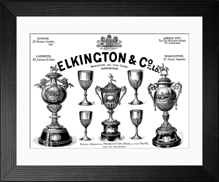 Framed Print : Advertisement for Elkington & Co. Ltd. manufactory and show rooms, 1895. Creator: Unknown Framed Print : Advertisement for Elkington & Co. Ltd. manufactory and show rooms, 1895. Creator: Unknown