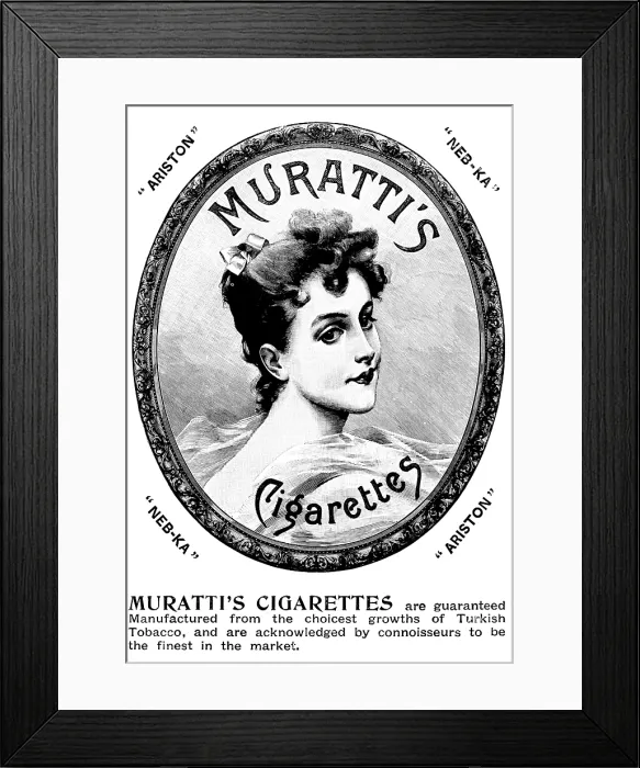 Framed Print : Advertisement for Muratti's Cigarettes, 1895. Creator: Unknown. Advertisement for Muratti's Cigarettes, 1895. Creator: Unknown Framed Print : Advertisement for Muratti's Cigarettes, 1895. Creator: Unknown. Advertisement for Muratti's Cigarettes, 1895. Creator: Unknown