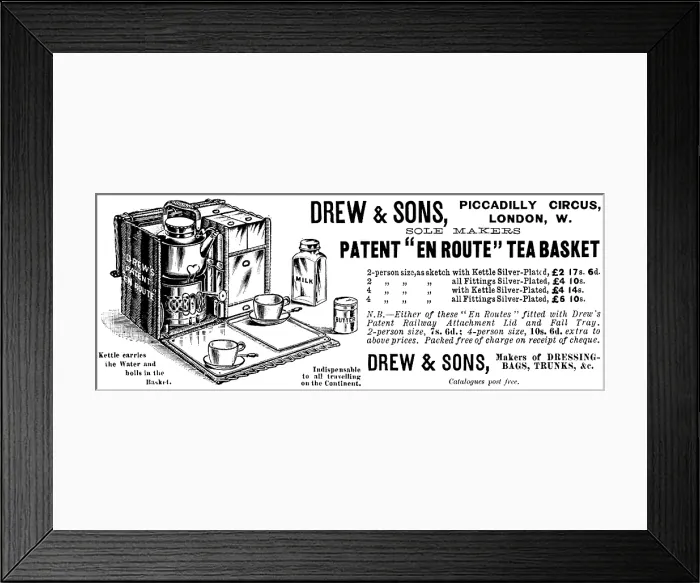 Framed Print : Advertisement for Drew & Sons Patent 'En Route' Tea Basket, 1895 Framed Print : Advertisement for Drew & Sons Patent 'En Route' Tea Basket, 1895