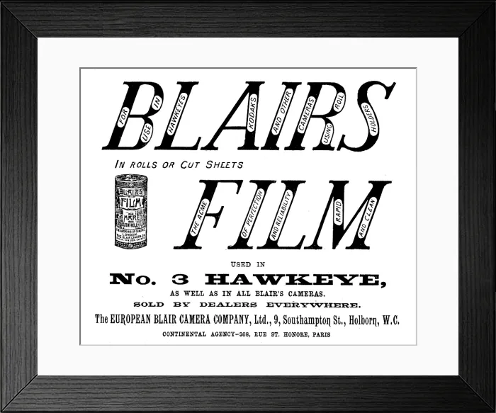 Framed Print : Advertisement for the European Blair Camera Company, Ltd. 1895. Creator: Unknown Framed Print : Advertisement for the European Blair Camera Company, Ltd. 1895. Creator: Unknown