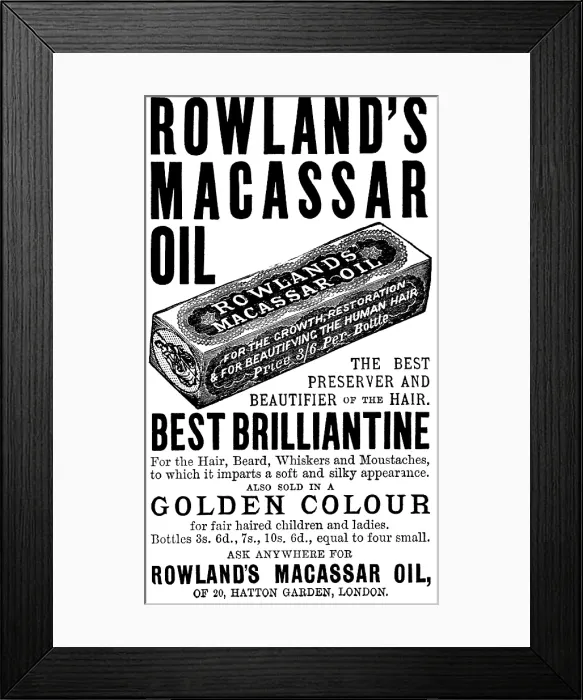 Framed Print : Advertisement for Rowland's Macassar Oil, 1895. Creator: Unknown. Advertisement for Rowland's Macassar Oil, 1895. Creator: Unknown Framed Print : Advertisement for Rowland's Macassar Oil, 1895. Creator: Unknown. Advertisement for Rowland's Macassar Oil, 1895. Creator: Unknown