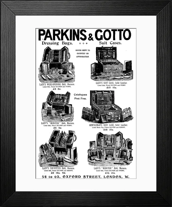Framed Print : Advertisement for Parkins & Gotto, Dressing Bags and Suit Cases, 1895. Creator: Unknown Framed Print : Advertisement for Parkins & Gotto, Dressing Bags and Suit Cases, 1895. Creator: Unknown