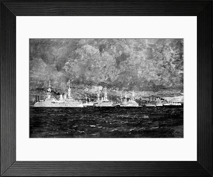 Framed Print : Ironclads of all nations in the Bay of Kiel during a thunderstorm, 1895. Creator: George Meisenbach Framed Print : Ironclads of all nations in the Bay of Kiel during a thunderstorm, 1895. Creator: George Meisenbach