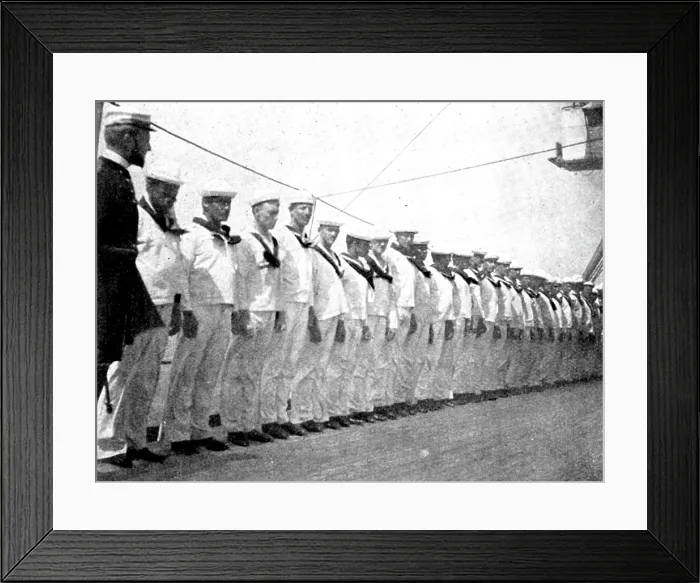 Framed Print : The Spanish-American War: American naval and military types - crew drawn up for inspection, 1898. Creator: Unknown Framed Print : The Spanish-American War: American naval and military types - crew drawn up for inspection, 1898. Creator: Unknown
