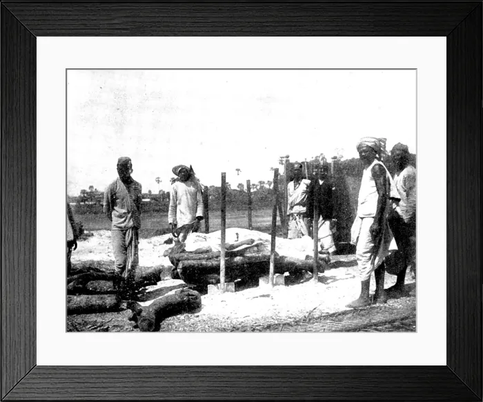 Framed Print : Scenes in Plague-Stricken Bombay: body lying on the pyre... 1898. Creator: Gysi Framed Print : Scenes in Plague-Stricken Bombay: body lying on the pyre... 1898. Creator: Gysi