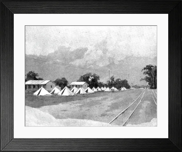 Framed Print : Reinforcements for Uganda: arrival of an Indian Contingent at Mombasa - the departure camp... 1898. Creator: George Montbard Framed Print : Reinforcements for Uganda: arrival of an Indian Contingent at Mombasa - the departure camp... 1898. Creator: George Montbard