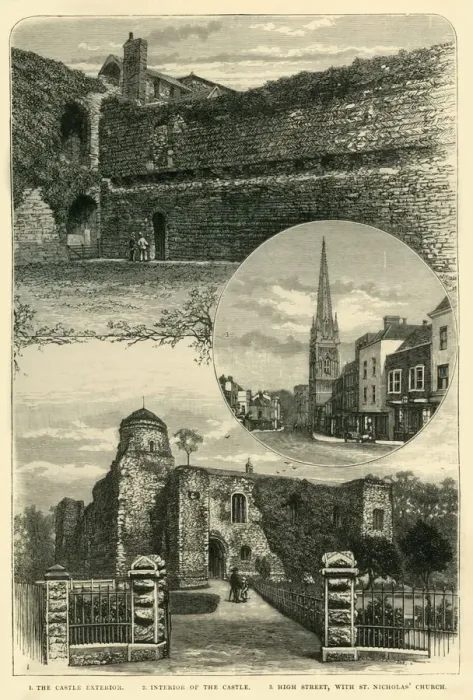 Framed Print : 1. The Castle Exterior. 2. Interior of the Castle. 3. High Street, with St. Nicholas Church Framed Print : 1. The Castle Exterior. 2. Interior of the Castle. 3. High Street, with St. Nicholas Church