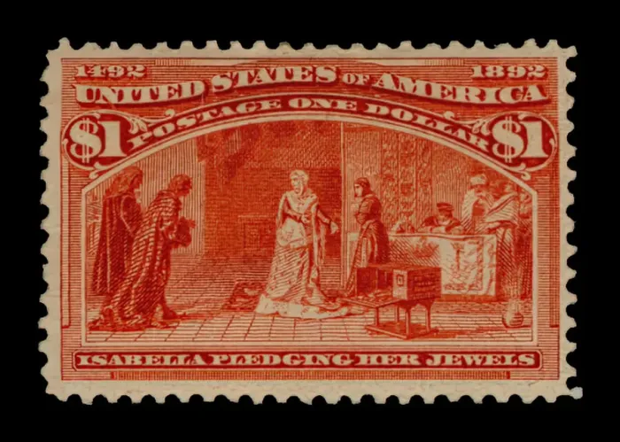 Framed Print : $1 Queen Isabella Pledging Her Jewels single, 1893. Creator: American Bank Note Company Framed Print : $1 Queen Isabella Pledging Her Jewels single, 1893. Creator: American Bank Note Company